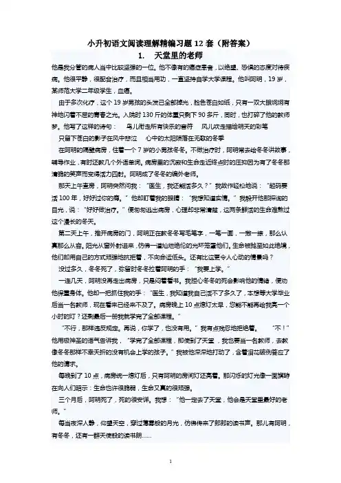 小升初语文阅读理解精编习题12套(附答案)