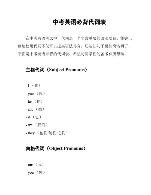 中考英语必背代词表
