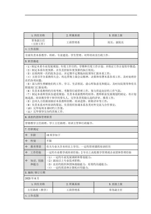 工商管理系岗位职责