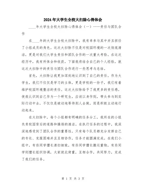 2024年大学生全校大扫除心得体会