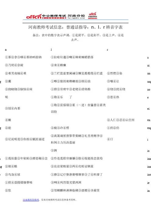 河南教师考试信息：普通话指导：n、l、r辨音字表