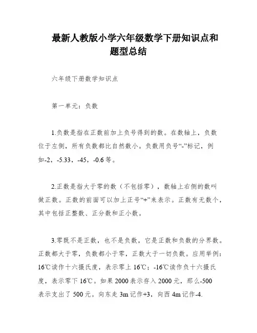 最新人教版小学六年级数学下册知识点和题型总结