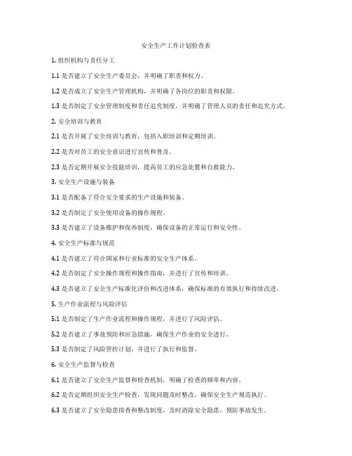 安全生产工作计划检查表