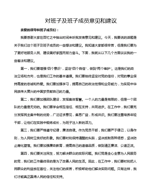 对班子及班子成员意见和建议