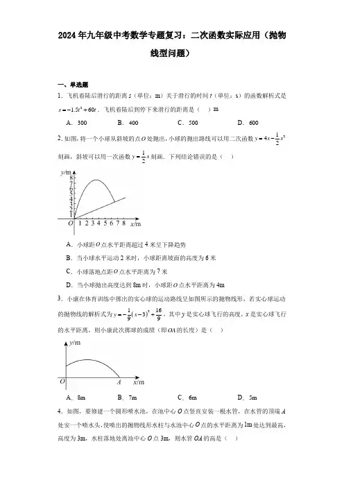 2024年九年级中考数学专题复习：二次函数实际应用(抛物线型问题)