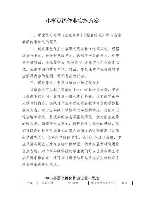 小学英语作业实施方案