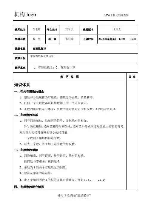 培训机构个性化一对一教案模板