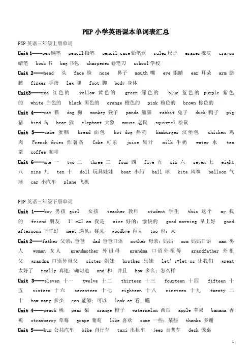 人教版小学英语课本单词表汇总