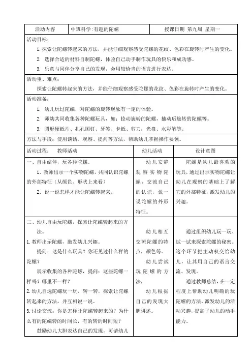 幼儿园中班科学教案：有趣的陀螺