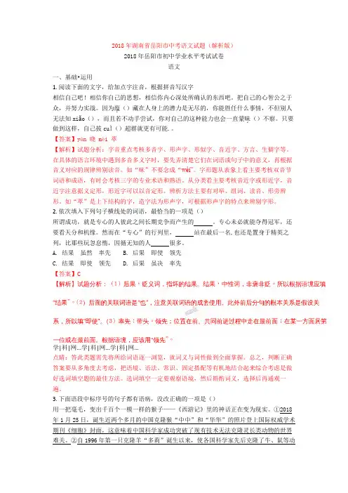 2018年湖南省岳阳市中考语文试题(解析版)