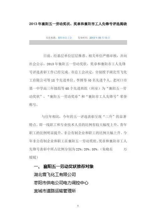 2013年襄阳五一劳动奖状、奖章和襄阳市工人先锋号评选揭晓(枣阳秦雄、郝建毅)