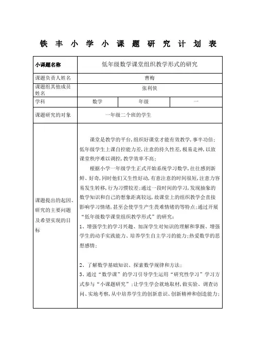 一年级数学小课题研究计划表