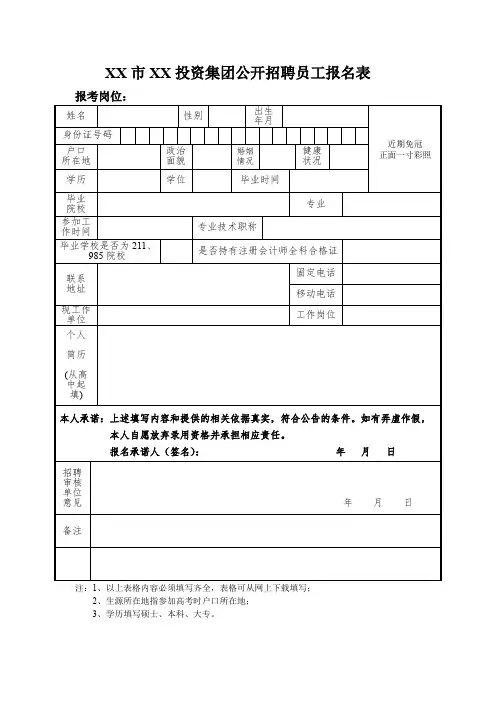 投资集团公开招聘员工报名表