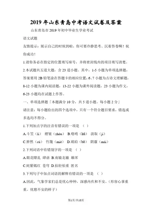 山东青岛中考语文试卷及答案