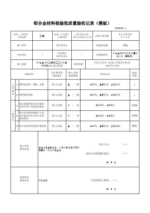 铝合金材料检验批质量验收记录(模板)