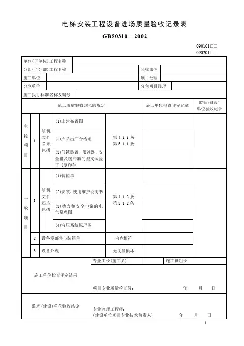 电梯安装工程设备进场质量验收记录表