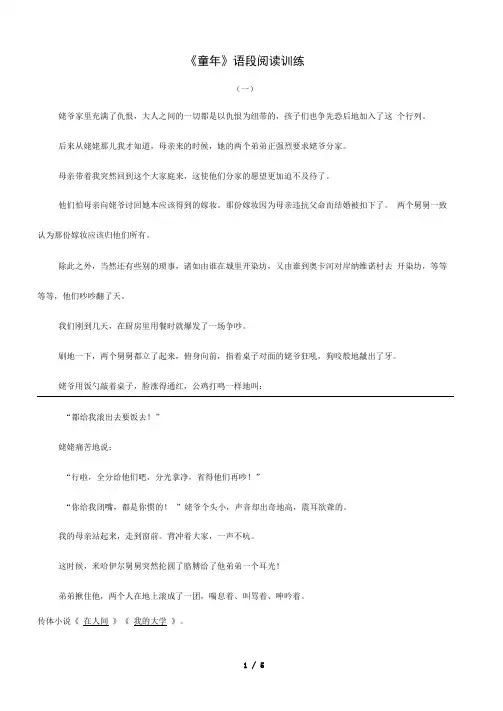 中考名著阅读：《童年》阅读练习题及答案