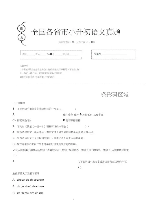 【小升初】2020年湖南省衡阳市小升初语文毕业会考试题含答案(全网唯一)