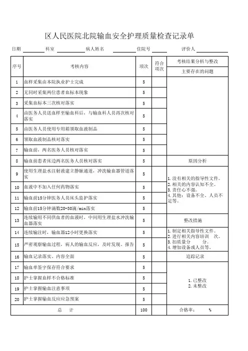 医院输血安全护理质量检查记录单