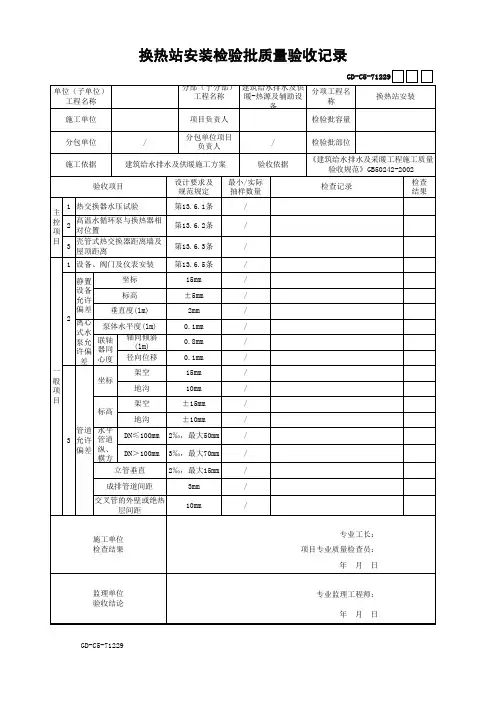 换热站安装检验批质量验收记录