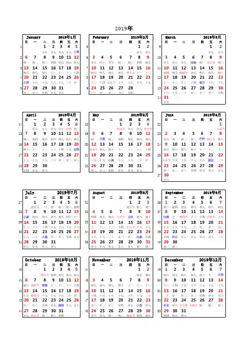2019日历带周数(含农历)一张A4打印-可编辑