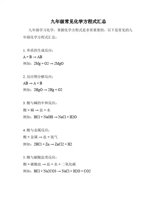 九年级常见化学方程式汇总