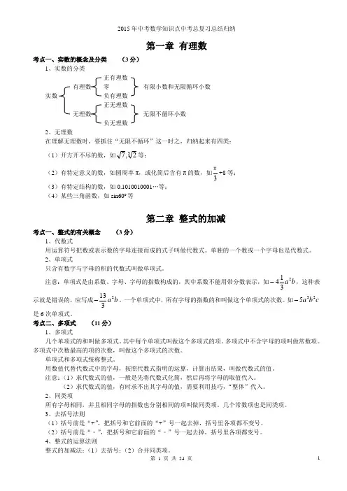 2015年初中数学知识点中考总复习总结归纳