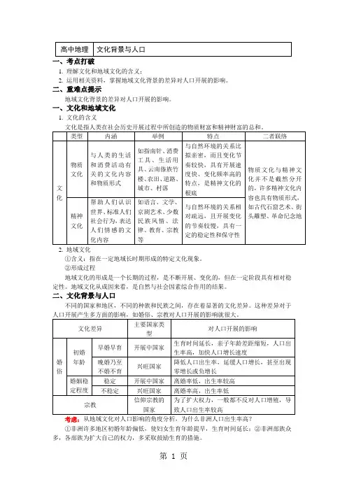必修2第一章第四节地域文化与人口 文化背景与人口(讲义)