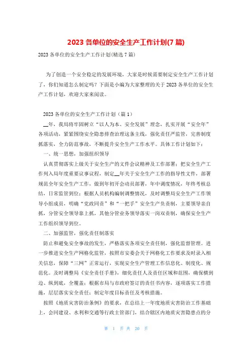 2023各单位的安全生产工作计划(7篇)