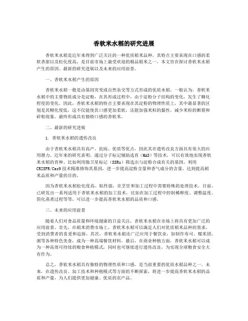 香软米水稻的研究进展