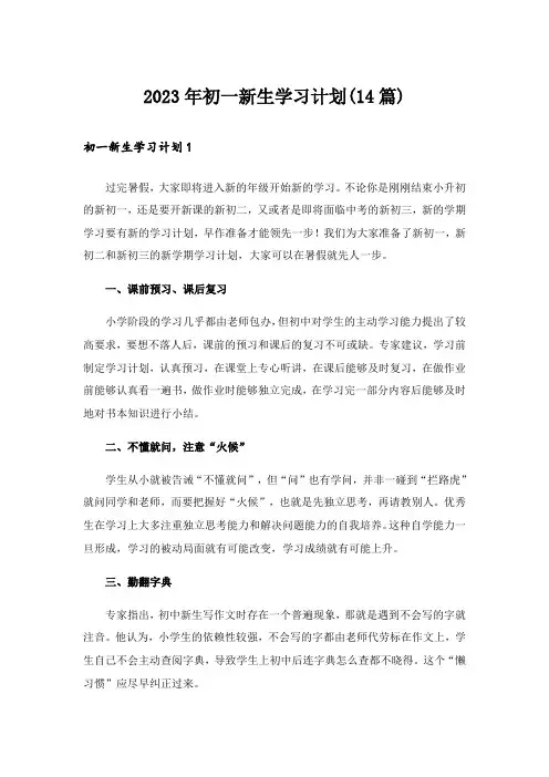 2023年初一新生学习计划(14篇)