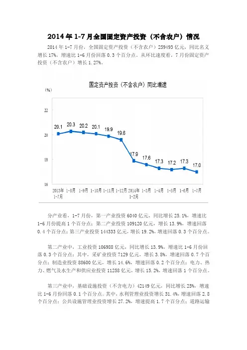 2014年1-7月全国固定资产投资(不含农户)情况