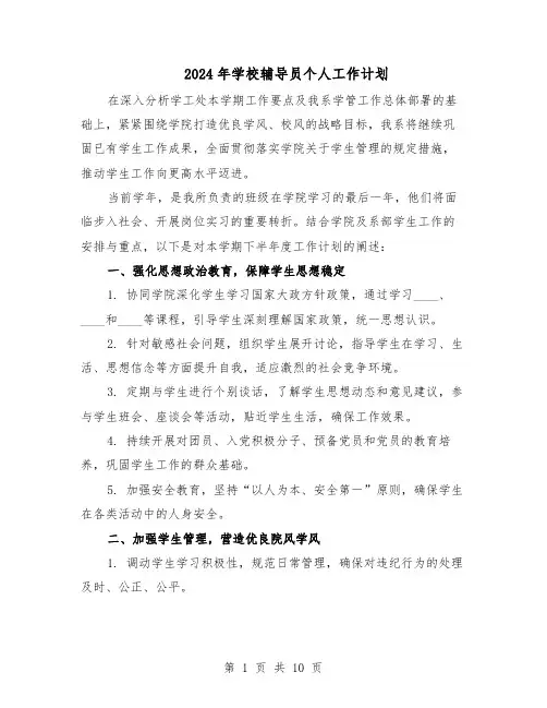 2024年学校辅导员个人工作计划（五篇）