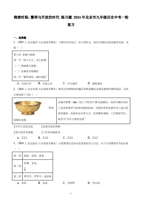 隋唐时期：繁荣与开放的时代 练习题(含解析) 2024年北京市九年级历史中考一轮复习