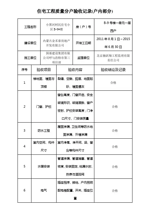 住宅工程质量分户验收记录(户内部分)
