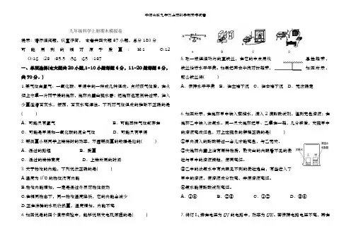 华师大版九年级上册科学期末考试卷