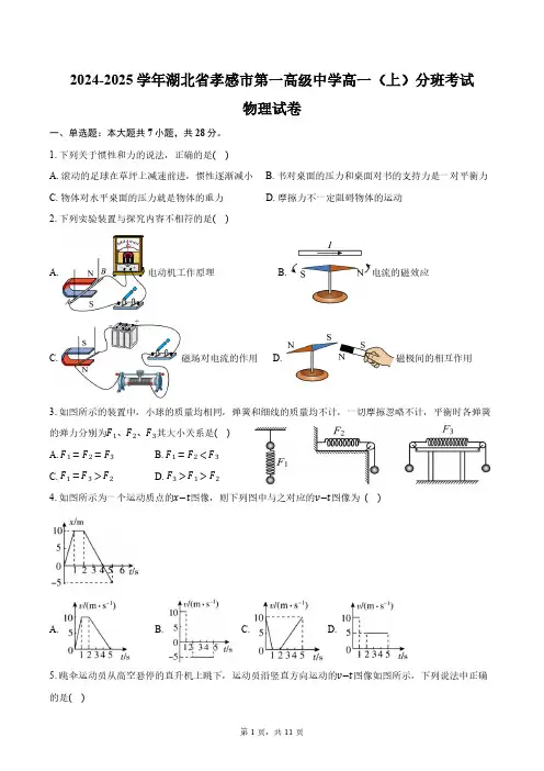 2024-2025学年湖北省孝感市第一高级中学高一(上)分班考试物理试卷(含解析)