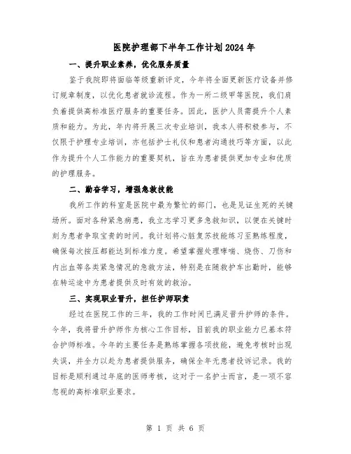 医院护理部下半年工作计划2024年（3篇）