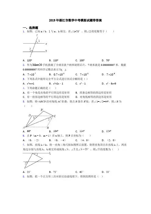 2019年湛江市数学中考模拟试题带答案