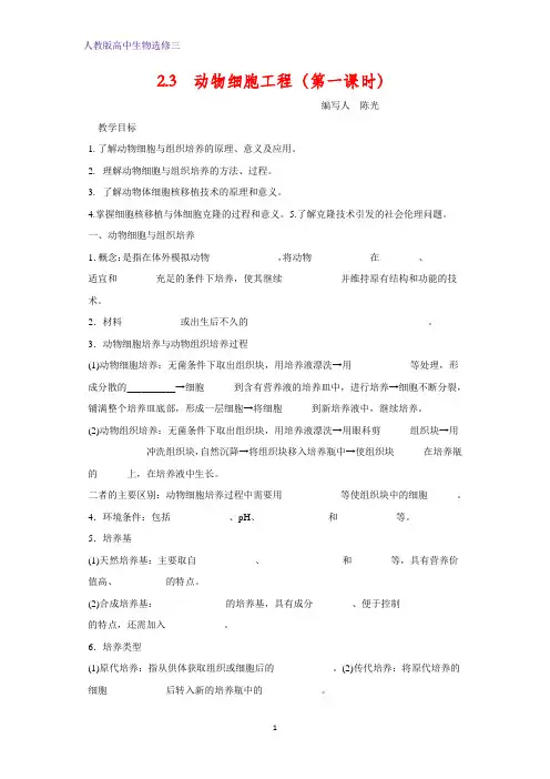 人教版高中生物选修3专题2细胞工程 动物细胞工程 教案 