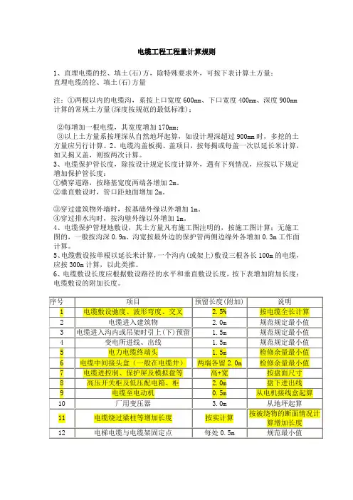 电缆工程工程量计算规则