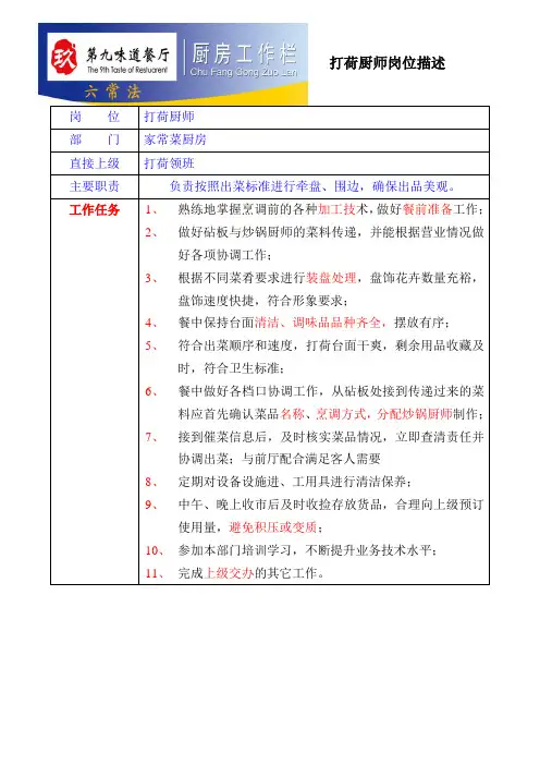 10、打荷厨师岗位职责