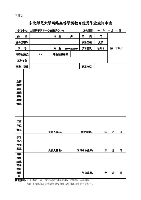 《东北师范大学网络高等学历教育优秀毕业生评审表》