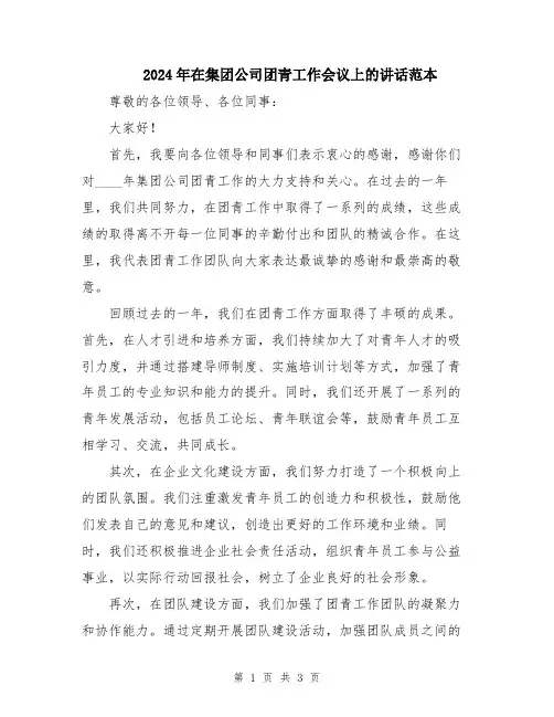 2024年在集团公司团青工作会议上的讲话范本