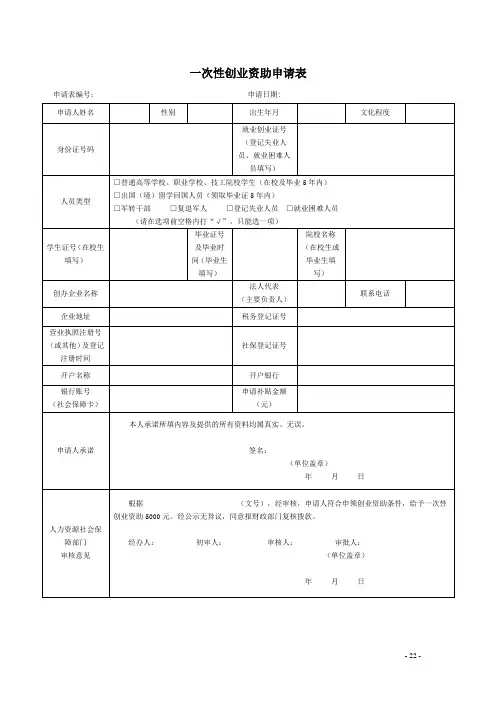 一次性创业资助申请表