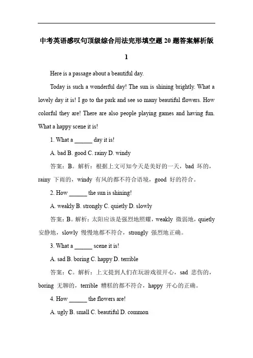 中考英语感叹句顶级综合用法完形填空题20题答案解析版