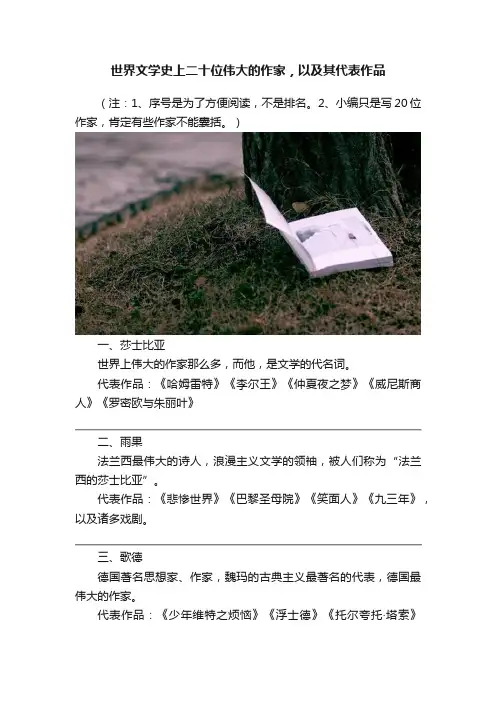 世界文学史上二十位伟大的作家，以及其代表作品
