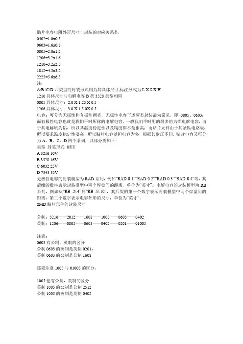贴片电容电阻外形尺寸与封装的对应关系是