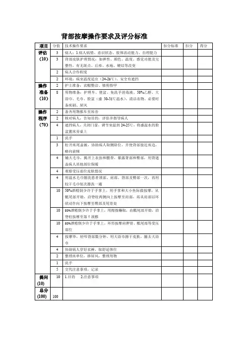 背部按摩操作要求及评分标准