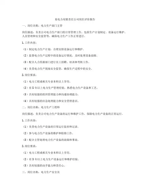 某电力有限责任公司岗位评价报告